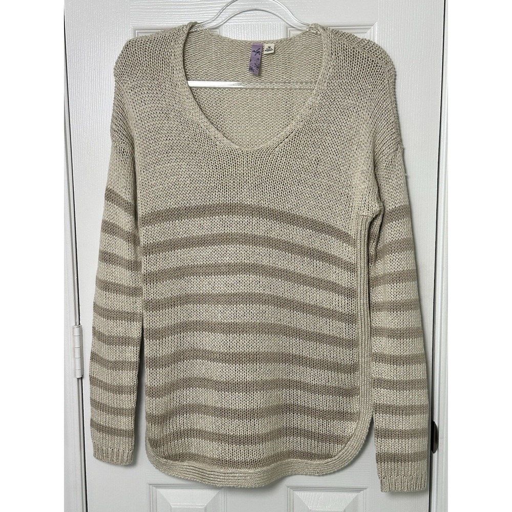 Alya Women's Pullover Striped Knit Sweater Size Medium Tan Brown Long‎ Sleeve